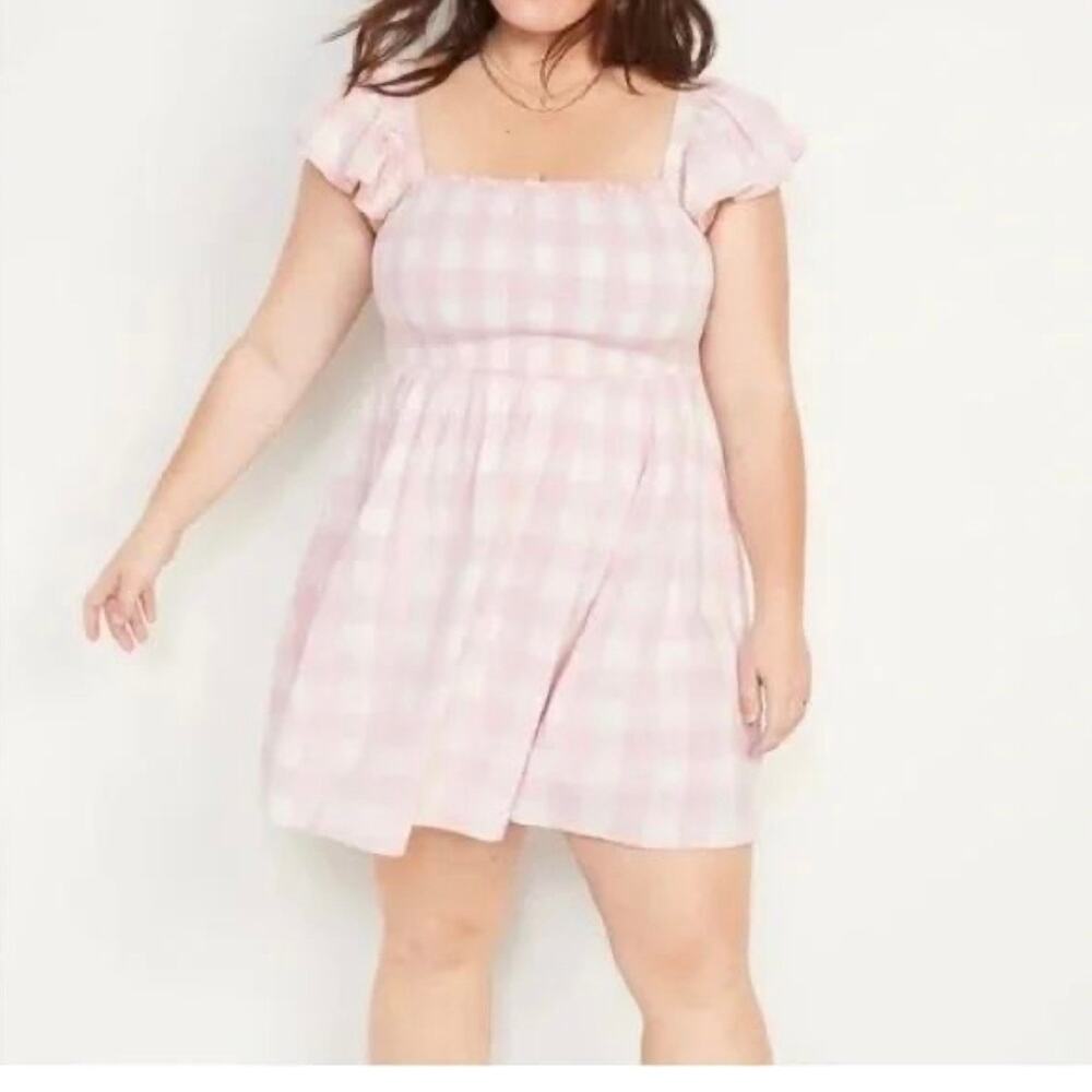 Old Navy Plus Women’s Plaid Smocked Flutter Sleeve Dress 4X Pink White